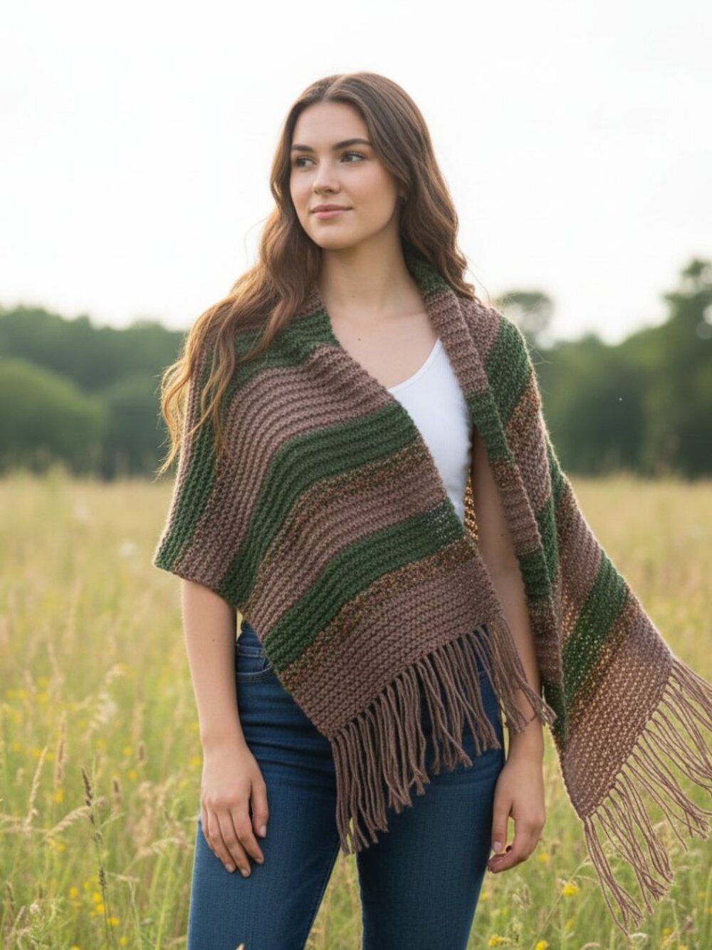 Green Taupe Brown Hand Knitted Shawl Wrap Scarf Boho Cottage Indie Artsy Western